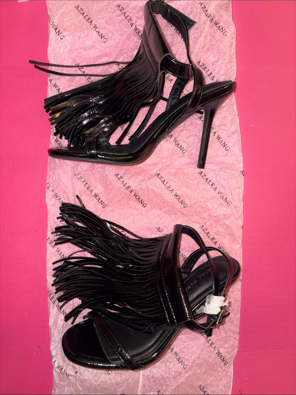 Azalea Wang Black Fringe Stiletto Sandals